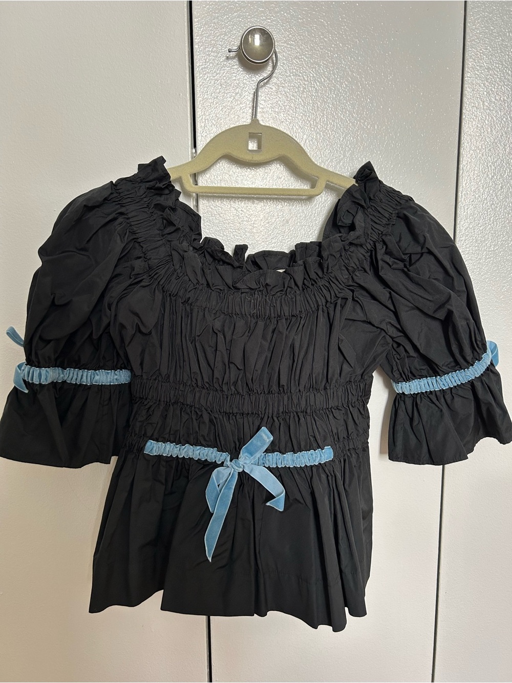 Molly Goddard Black Smocked Top with Light Blue Trim